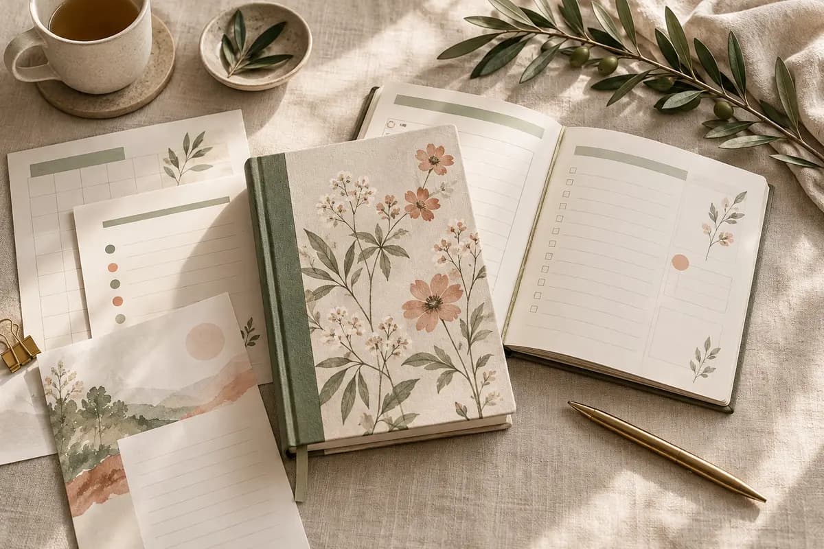Botanical planners, worksheets and a guided journal arranged on a warm linen desk