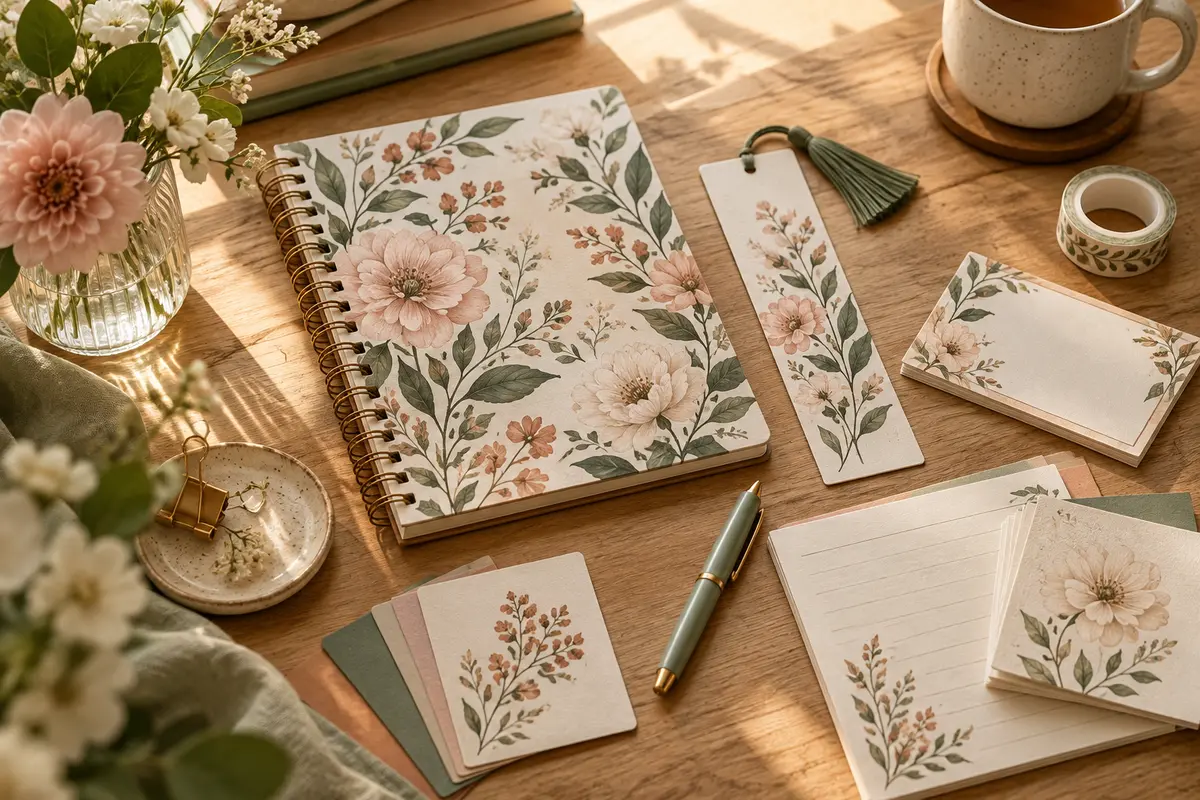 Floral notebook, bookmark, journaling cards and stationery on a sunlit wooden desk